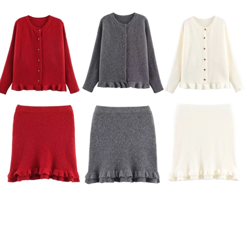 Donna Elegante Cardigan in Maglia con Volant e Minigonna Bottoni Girocollo Tinta Unita Manica Lunga Pendolare Abbigliamento Autunno Inverno