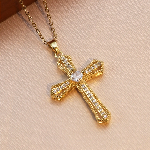 Kreuz Anhänger Halskette Titan Stahl Kupfer Mikropflaster Zirkon Elegant Quadratstein Religiöser Schmuck Damen Herren
