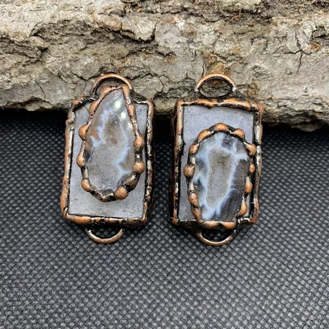Pendentif Géode Agate Druzy Naturelle Rectangulaire Vintage Connecteur Cristal Blanc Doubles Boucles Alliage Bronze