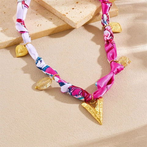 Bohemian Satin Scarf Necklace With 304 Stainless Steel Gold Plated Heart Sun Pendant Leopard Floral Pattern For Women Chic