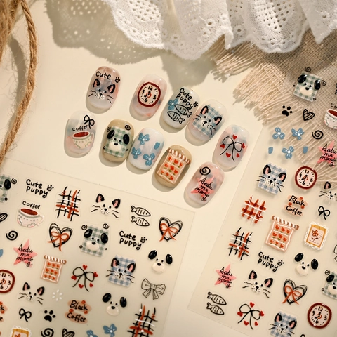 Nail Art Stickers 3D Embossed Relief Cute Cartoon Cat Dog Coffee Pattern Hand Drawn DIY Manicure Decoration For Women