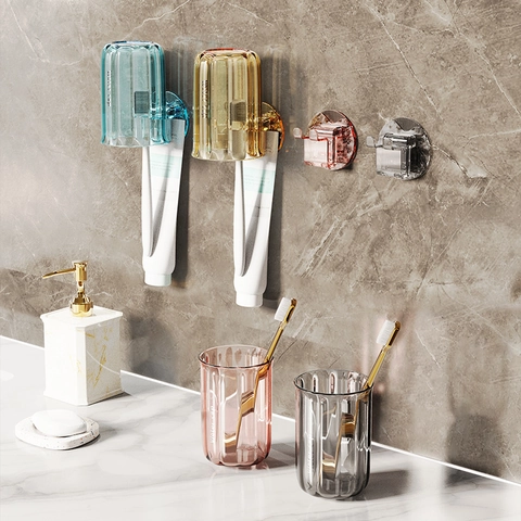 Porta Spazzolino Da Parete Organizzatore Tazze Sciacquo Senza Foro Plastica Trasparente Organizzazione Bagno Drenaggio Moderno