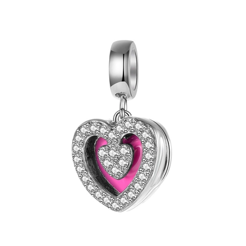 925 Sterling Ασημένιο Ροζ Σμάλτο Καρδιά Charm Ζιρκόνιο Αναδιπλούμενο Περιστρεφόμενο Μενταγιόν για DIY Βραχιόλι Γυναικεία Κοσμήματα