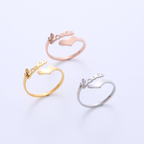 Anello Cuore Love Scrittura Acciaio Inossidabile 316L Aperto Regolabile Gioielli Romantici Minimalisti Per Donna