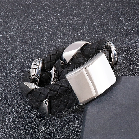 Herren Armband Geflochtenes Leder Mit 316L Edelstahl Schuppenstruktur Verschluss Punk Retro Hip Hop Schmuck