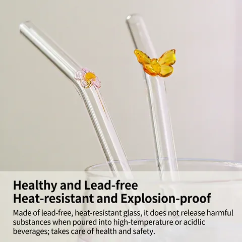 Pajitas De Vidrio Reutilizables Resistentes Al Calor Vidrio De Borosilicato Con Decoraciones Coloridas Mariposa Flor Café