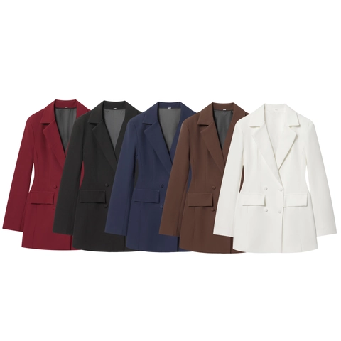 Damen Langarm Blazer Kleid Polyester Revers Schmale Passform Doppelreihig Mini Büro Party Einfarbig Elegant