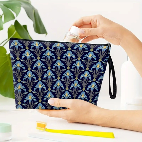 Trousse Per Trucco Retro Con Fiori Di Iris Lino Borsa Cosmetica Con Cerniera E Cinturino Da Polso Organizzatore Da Viaggio