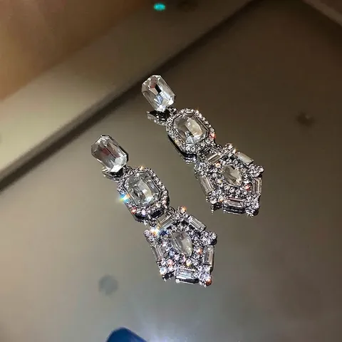 Pendientes Colgantes Barrocos Lujo Aleación Strass Cristal Con Poste Plata Vintage Geométrico Boda Fiesta Mujeres