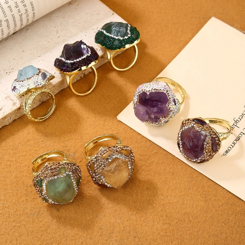Natural Raw Stone Adjustable Open Ring Irregular Amethyst Druzy Aquamarine Rhinestone Pavé Bohemian Vintage Jewelry Women