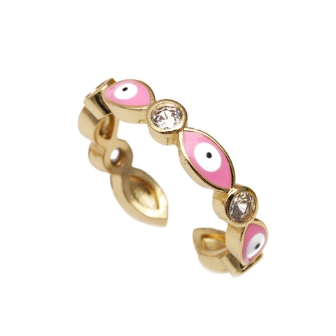 Anillo Ajustable Mal De Ojo Cobre Esmalte Circonita Cúbica Incrustación Micro Pave Joyería Estilo Turco