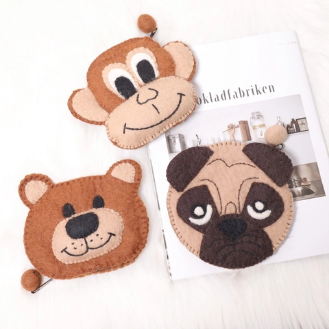 Cute Animal Coin Purse Hand-Stitched Wool Felt Mini Storage Bag Monkey Bear Pug Design For Kids Women