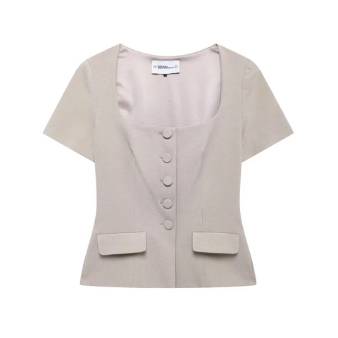 Damen Kurzarm Bluse Quadratischer Ausschnitt Einfarbig Polyester Tailliert Retro Elegant Kurzhemd Top Einreihig