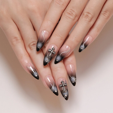 Faux Ongles Faits À La Main Ombre Rose Noir Avec Breloques Métalliques Croix Étoile Argent Et Strass Style Punk Gothique Forme Stiletto