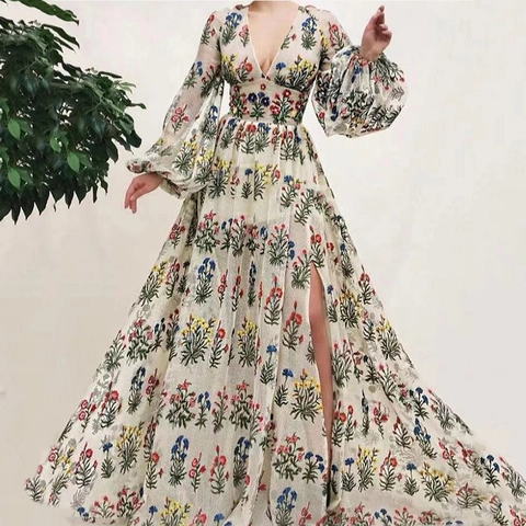 Floral Embroidery Maxi Dress V Neck Lantern Sleeve Mesh Bohemian Vintage Elegant Long Resort Vacation Gown For Women