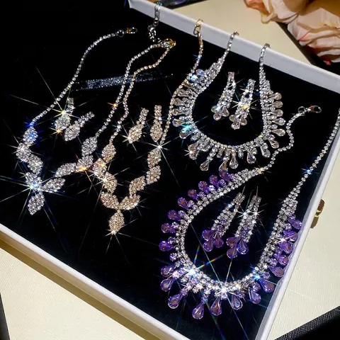 Strass Wassertropfen Quaste Halskette Und Ohrringe Eleganter Kupferschmuck Lila Silber Gold Damen Luxus Braut Bankett