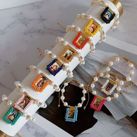 Zoetwaterparel Religieuze Armband Retro Handgeweven Meerkleurige Rocailles Heilige Portret Hanger Verstelbaar Sieraden