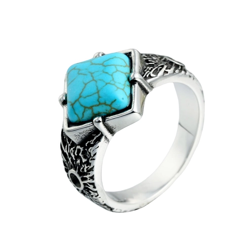 Anillo De Acero Inoxidable Vintage Con Piedra Cuadrada Para Hombres Mujeres Retro Patrón Relieve Joyería Punk Étnica