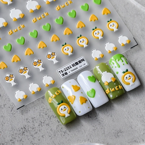 Pegatinas Arte De Uñas 5D Grabado Diseño Pato Dibujos Animados Relieve 3D Autoadhesivo Calcomanías Manicura Material PET