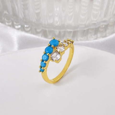 Vintage Brass Zirconia Artificial Turquoise Open Ring For Women Adjustable Fashion Jewelry Crisscross Blue Stone Finger Ring