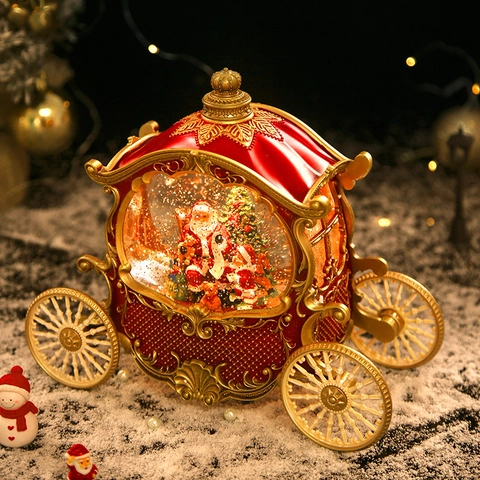 Carrozza Di Natale Carillon Palla Di Neve Luce LED Musicale Zucca Decorazione Festiva Resina Vintage Rosso Oro Regalo