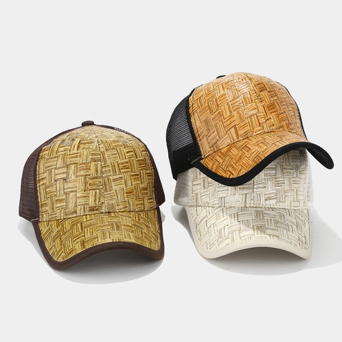 Stro Geweven Trucker Hoed Ademende Mesh Honkbalpet Zonbescherming Verstelbaar Unisex Casual