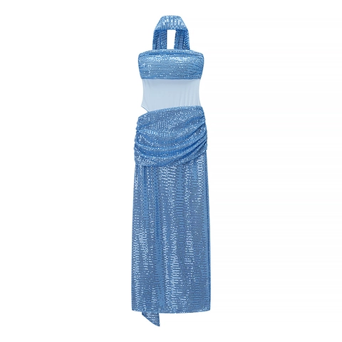Pailletten Neckholder Abendkleid Ärmellos Hollow Out Taille Streamer Bankett Elegant Slim Fit Maxi Länge Polyester