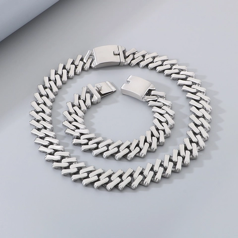 Parure Collier Et Bracelet Maille Cubaine Hip Hop Homme Acier Inoxydable Grosse Chaîne Géométrique Style Os Bijoux