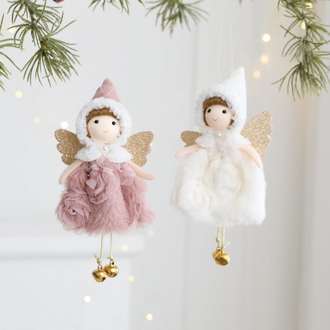 Angelo Di Natale In Peluche Ornamenti Da Appendere Ali Scintillanti Campanelli In Metallo Decorazione Rosa Bianco