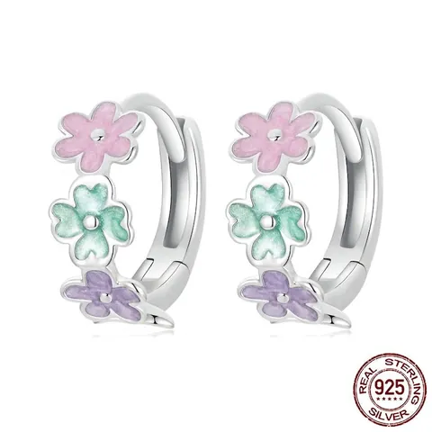 Original S925 Sterling Silver Colorful Enamel Flower Hoop Earrings For Women Sweet Floral Ear Buckle Minimalism Fashion Jewelry Accessory