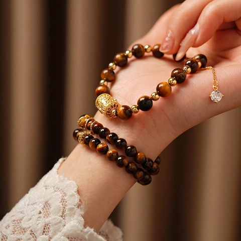 Retro Natural Tiger Eye Stone Beaded Bracelet With Golden Hollow Cylinder Copper Zircon Adjustable Chain Women Jewelry