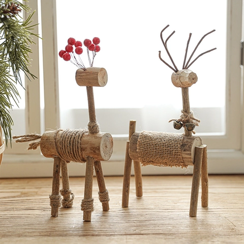 Christmas Wooden Reindeer Ornament Handmade Rustic Wood Elk Figurine With Burlap And Bells Tabletop Festive Home Decor
