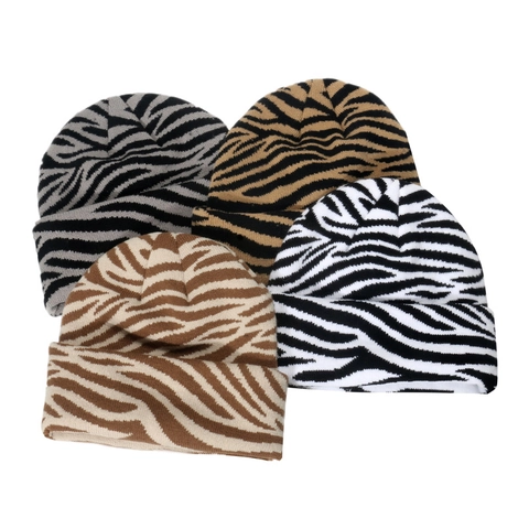 Knitted Beanie Hat Acrylic Warm Winter Animal Print Zebra Leopard Cow Pattern Cuffed Thermal Cap For Women Men