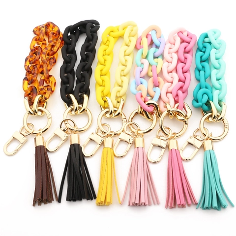 Acrylic Chunky Chain Wristlet Keychain With Tassel For Women Fashion Resin Link Bracelet Key Ring Holder Bag Charm Accessory