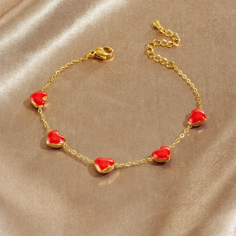 Mode Rotes Emaille Herz Anhänger Armband Gold Vergoldet Edelstahl Kette Verstellbarer Schmuck Für Damen Einfacher Stil