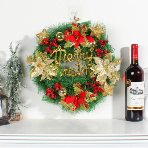 Ghirlanda Di Natale Aghi Di Pino Artificiali Con Poinsettia Rossa Stelle Dorate Bacche Merry Christmas Decorazione
