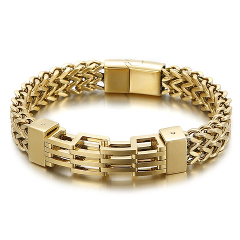 Men Stainless Steel Bracelet Double Row Woven Chain Magnetic Buckle Geometric Fashion Commute Jewelry Durable Gift