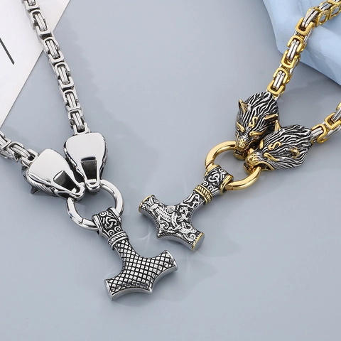 Viking Thor's Hammer Mjolnir Pendant Necklace For Men Stainless Steel Wolf Heads Byzantine Chain Nordic Mythology Punk