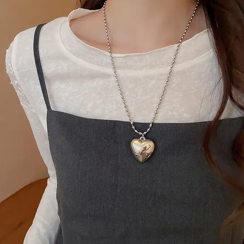 Legierung Herz Anhänger Halskette Mit Perlenkette Spiegel Poliert Silber Farbe Minimalistisch Modeschmuck Für Damen Mädchen