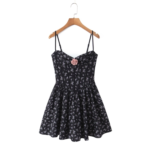 Blumenmuster Cami Minikleid Polyester Spaghettiträger Rückenfrei Schnürung Süßer Französischer Vintage Stil Damen