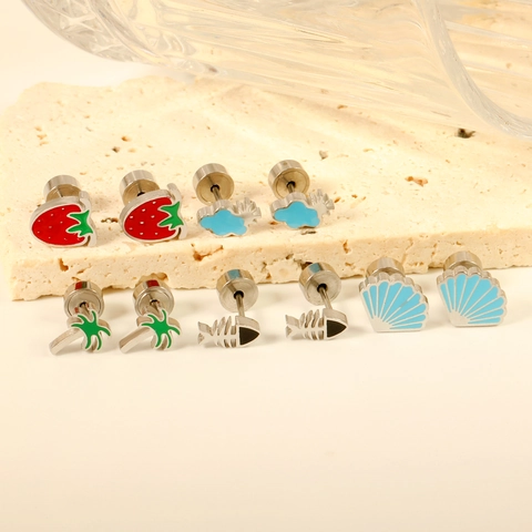 Cute Cartoon Fruit Flower Rainbow Stud Earrings Stainless Steel Enamel Anti-allergic Jewelry For Women Kids