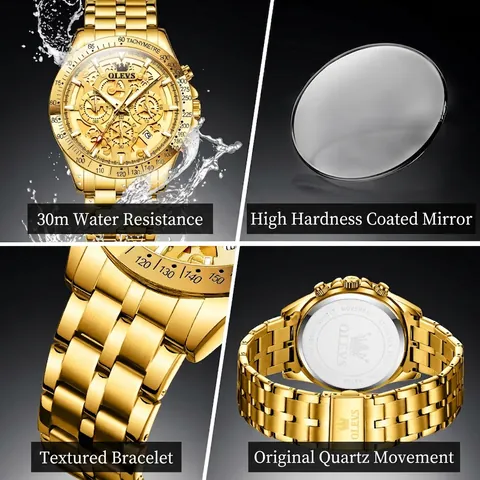 Orologio al Quarzo da Uomo Luxury Business Cassa in Lega Oro Cinturino in Acciaio Inossidabile Impermeabile Calendario Cronografo