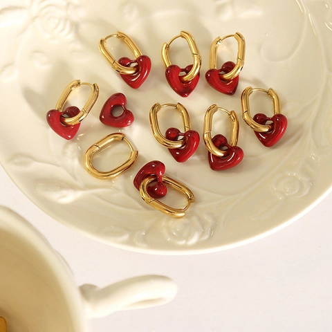 Collana Con Pendente A Cuore Rosso E Orecchini A Cerchio In Acciaio Al Titanio Placcato Oro Gioielli Coreani Da Donna