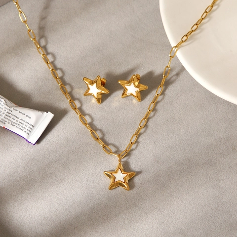 Star Pentagram Jewelry For Women Stainless Steel 18K Gold Plated Necklace And Stud Earrings With White Shell Inlay