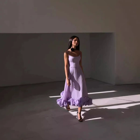Women Spaghetti Strap Evening Dress Slim Fit Solid Color Ruffle Hem Elegant Party Banquet Maxi Gown Sleeveless