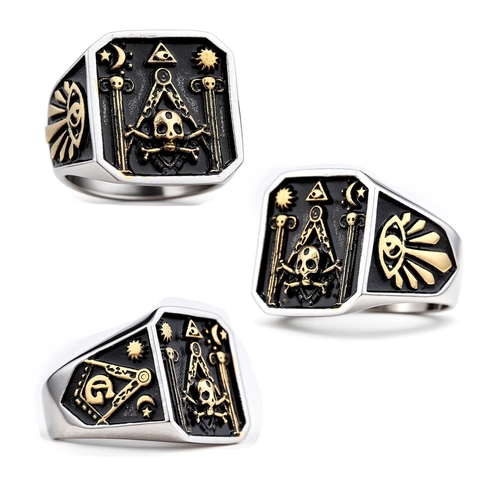 Masonic Skull Ring For Men Vintage Gothic Punk Stainless Steel Two Tone Gold Silver Signet Band Mystical Jewelry