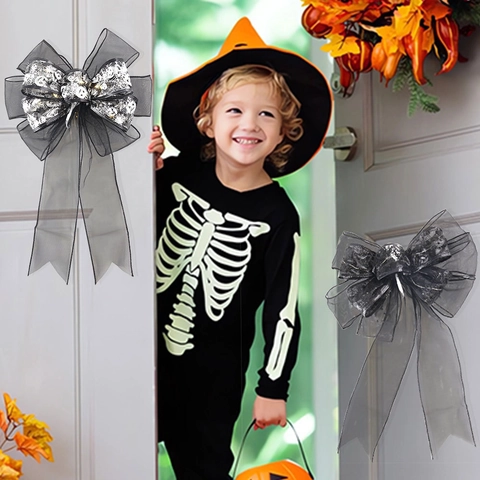 Halloween Grote Mesh Strik Hangende Decoratie Met LED Verlichting Zilveren Schedel Print Gothiek Feest Decor Voor Binnen Buiten