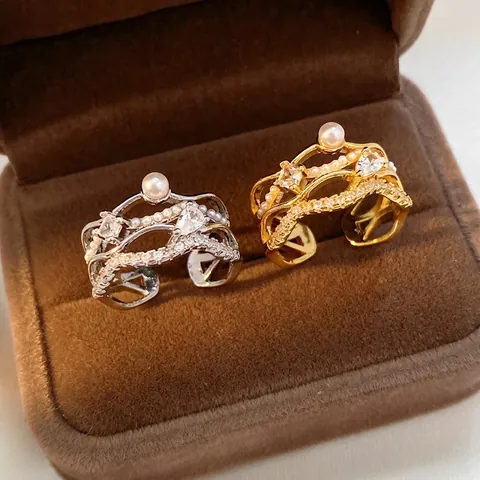 Anillo Regolabile Multistrato Onda Elegante Rame Zircone Perla Artificial Placcato Oro 18K Lusso Francese Per Donna