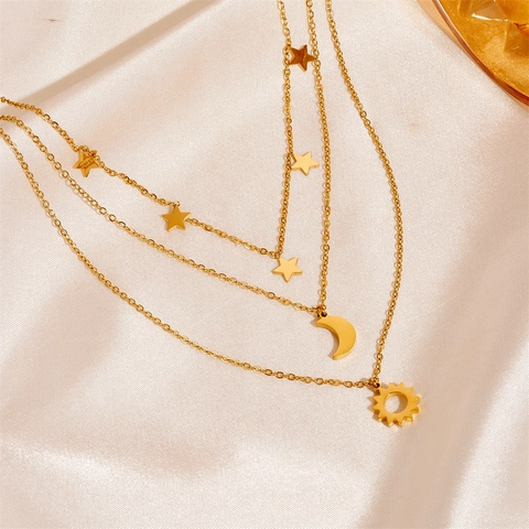 Collar De Capas Acero De Titanio Colgantes Sol Luna Estrella Color Oro Elegante Cadena De Clavícula Para Mujer