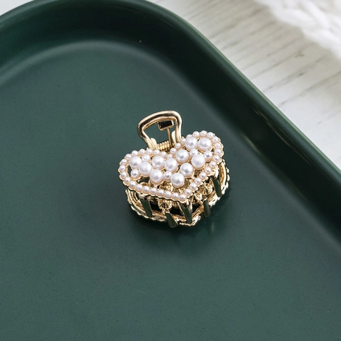 Heart Mini Hair Claw Clips Gold Alloy Rhinestone Faux Artificial Pearl Korean Style Fashion Hair Accessories For Women